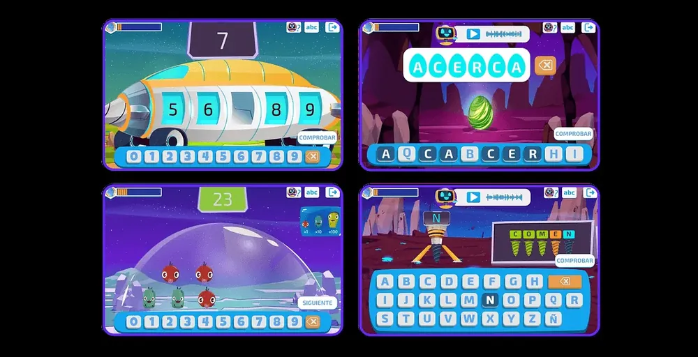 Cuatro pantallas reales de la app NeurekaLAB con ejercicios de números, de letras y de contar en formato juego.