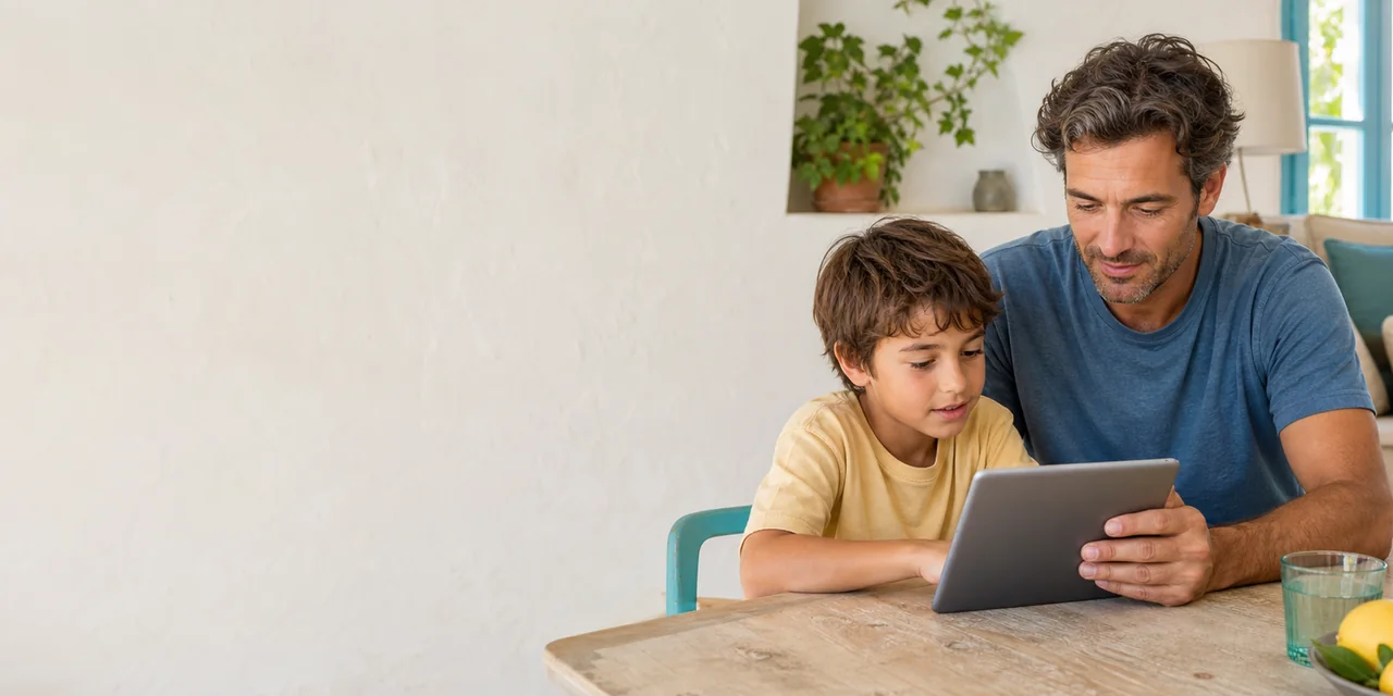 Padre y niño haciendo una actividad educativa con una tableta en un entorno familiar de verano.